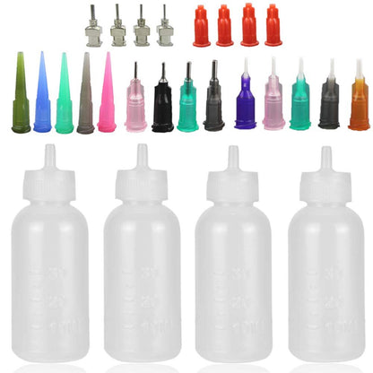 Xmasir Jagua Henna Applikatorflaschen Set für Tattoo Body Paint - Präzisions-Applikator Set 4 Stück 1 Unze Henna Flasche mit 4 Kappen und 16 Nadelspitzen Größen
