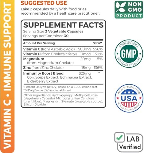 Vitamin C Immununterstützung Komplex mit Holunder, Zink & Magnesium – 60 Kapseln (1 Monatsvorrat)