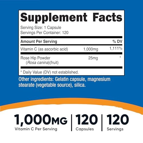Nutricost Vitamin C mit Hagebutte 1025 mg, 120 Kapseln – Vitamin C 1000 mg, Hagebutte 25 mg, Premium, Non-GMO, Glutenfrei