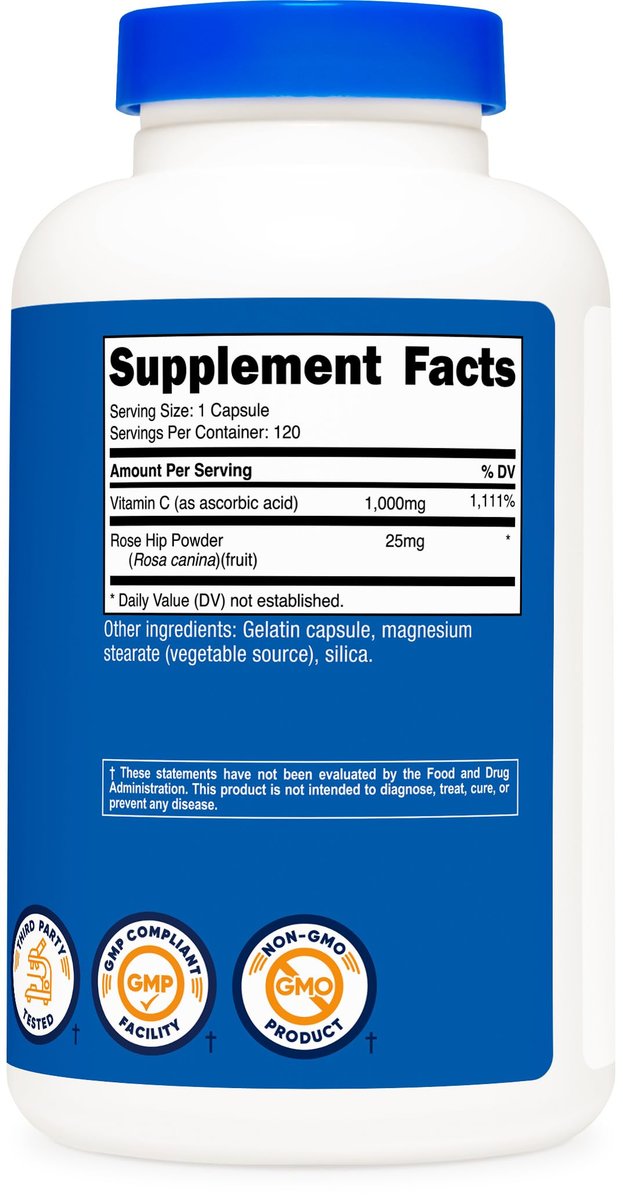 Nutricost Vitamin C mit Hagebutte 1025 mg, 120 Kapseln – Vitamin C 1000 mg, Hagebutte 25 mg, Premium, Non-GMO, Glutenfrei