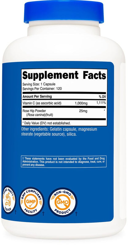 Nutricost Vitamin C mit Hagebutte 1025 mg, 120 Kapseln – Vitamin C 1000 mg, Hagebutte 25 mg, Premium, Non-GMO, Glutenfrei