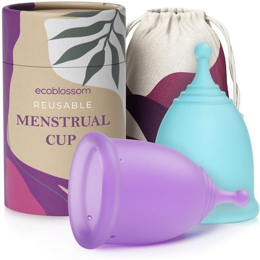EcoBlossom Wiederverwendbares Menstruationsbecher-Set – Medizinisches Silikon, 12 Stunden Schutz (2 große Becher)