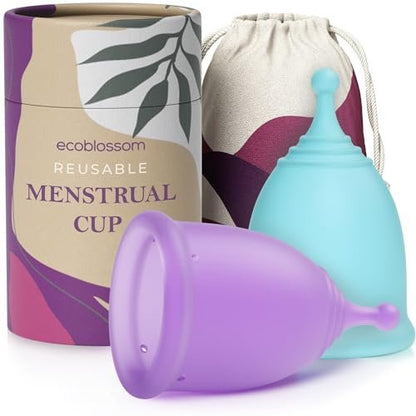 EcoBlossom Wiederverwendbares Menstruationsbecher-Set – Medizinisches Silikon, 12 Stunden Schutz (2 große Becher)