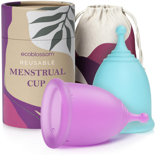EcoBlossom Wiederverwendbarer Menstruationsbecher-Set – Die zuverlässigsten Periodenbecher aus medizinischem Silikon – Bequem 12 Stunden tragbar (Klein & Groß)