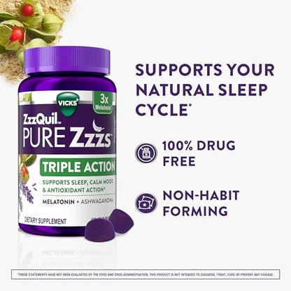 ZzzQuil PURE Zzzs Triple Action Melatonin Gummis – 6 mg Melatonin mit Ashwagandha für erholsamen Schlaf, 60 Gummis