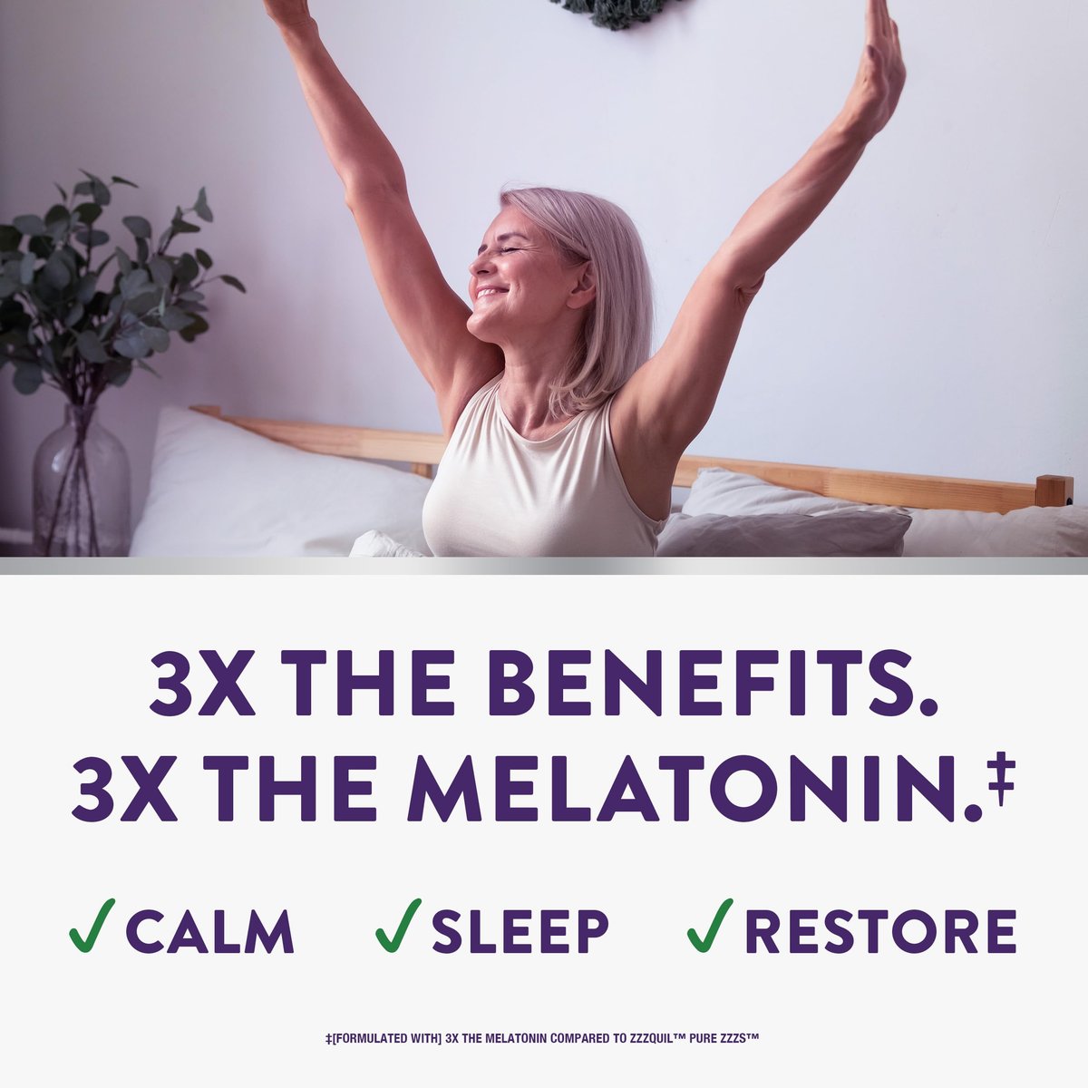 ZzzQuil PURE Zzzs Triple Action Melatonin Gummis – 6 mg Melatonin mit Ashwagandha für erholsamen Schlaf, 60 Gummis
