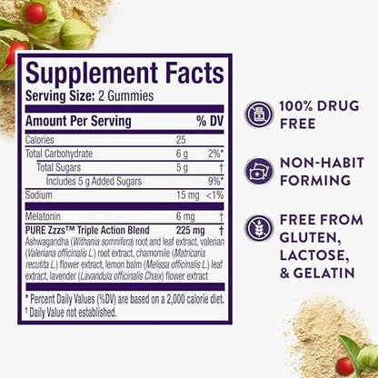 ZzzQuil PURE Zzzs Triple Action Melatonin Gummis – 6 mg Melatonin mit Ashwagandha für erholsamen Schlaf, 60 Gummis