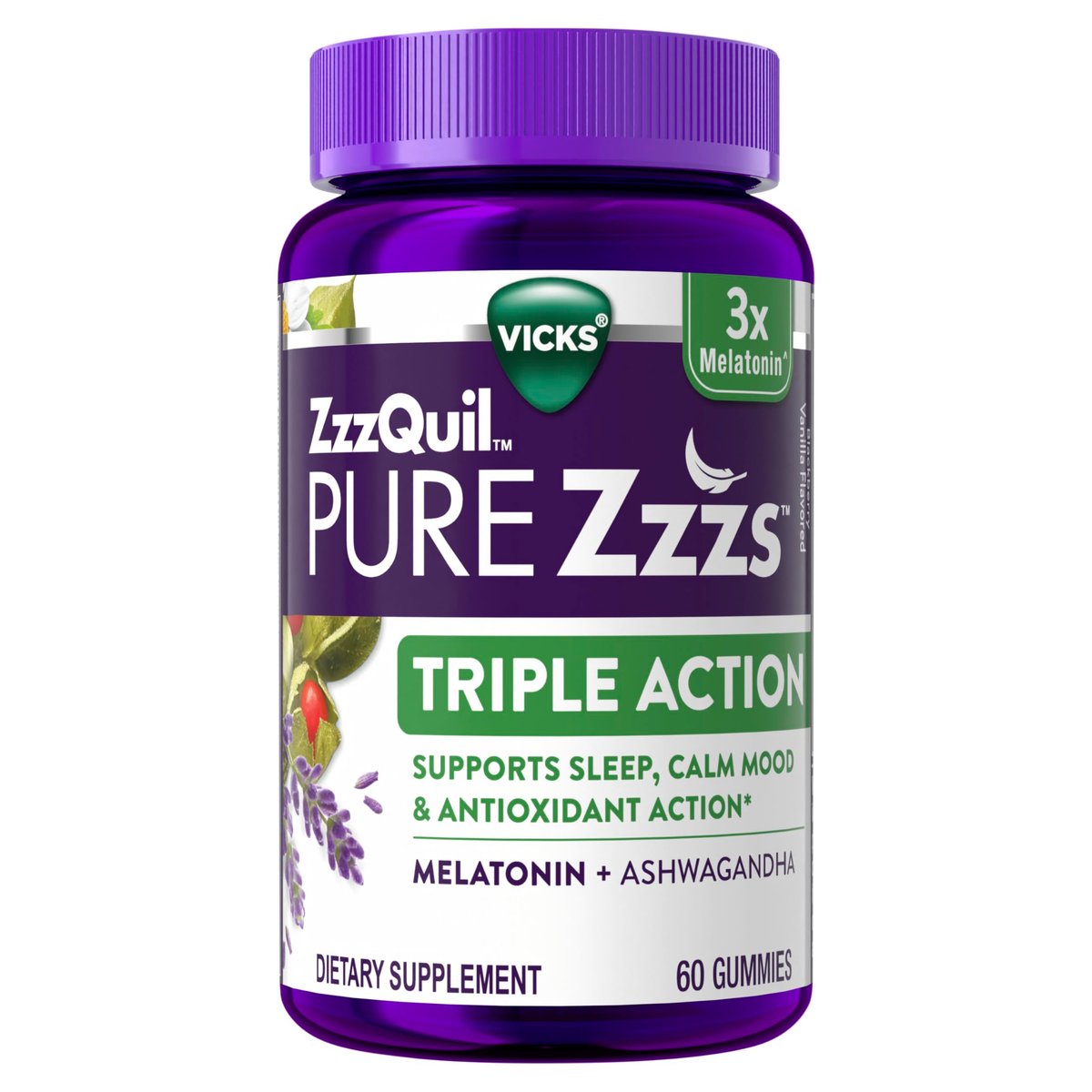ZzzQuil PURE Zzzs Triple Action Melatonin Gummis – 6 mg Melatonin mit Ashwagandha für erholsamen Schlaf, 60 Gummis