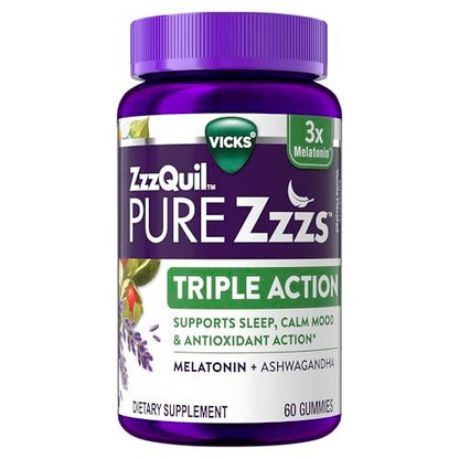 ZzzQuil PURE Zzzs Triple Action Melatonin Gummis – 6 mg Melatonin mit Ashwagandha für erholsamen Schlaf, 60 Gummis