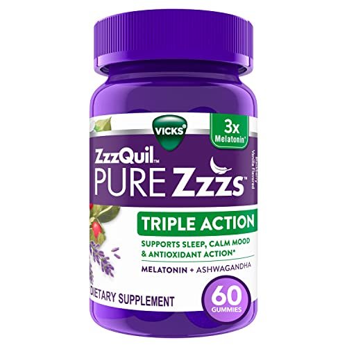 ZzzQuil PURE Zzzs Triple Action Melatonin Gummis – 6 mg Melatonin mit Ashwagandha für erholsamen Schlaf, 60 Gummis
