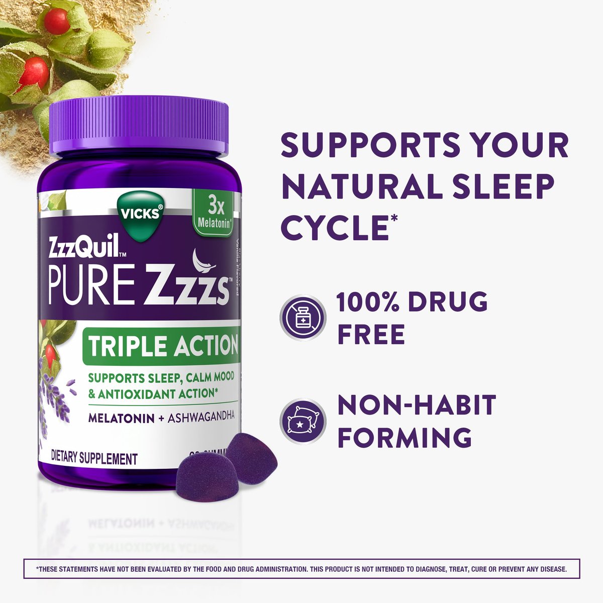 ZzzQuil PURE Zzzs Triple Action Melatonin Gummis – 6 mg Melatonin mit Ashwagandha für erholsamen Schlaf, 60 Gummis