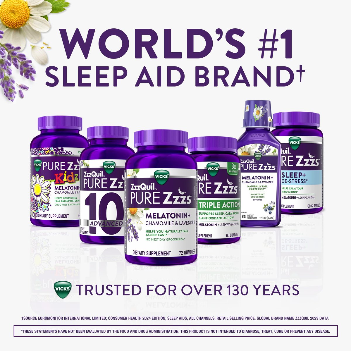 ZzzQuil PURE Zzzs Triple Action Melatonin Gummis – 6 mg Melatonin mit Ashwagandha für erholsamen Schlaf, 60 Gummis