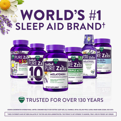 ZzzQuil PURE Zzzs Triple Action Melatonin Gummis – 6 mg Melatonin mit Ashwagandha für erholsamen Schlaf, 60 Gummis