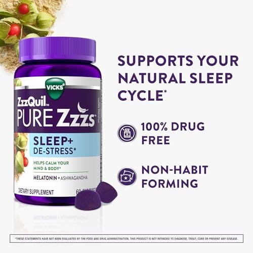 ZzzQuil PURE Zzzs De-Stress Melatonin Gummies 2mg – Einschlafhilfe für Erwachsene mit Ashwagandha gegen Stress, 60 Gummis