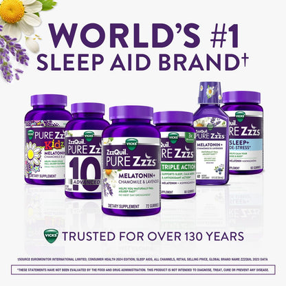ZzzQuil PURE Zzzs De-Stress Melatonin Gummies 2mg – Einschlafhilfe für Erwachsene mit Ashwagandha gegen Stress, 60 Gummis