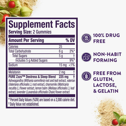 ZzzQuil PURE Zzzs De-Stress Melatonin Gummies 2mg – Einschlafhilfe für Erwachsene mit Ashwagandha gegen Stress, 60 Gummis