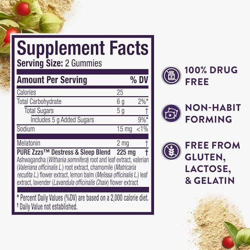 ZzzQuil PURE Zzzs De-Stress Melatonin Gummies 2mg – Einschlafhilfe für Erwachsene mit Ashwagandha gegen Stress, 60 Gummis
