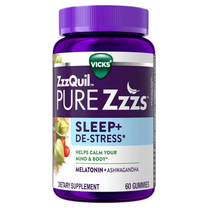 ZzzQuil PURE Zzzs De-Stress Melatonin Gummies 2mg – Einschlafhilfe für Erwachsene mit Ashwagandha gegen Stress, 60 Gummis