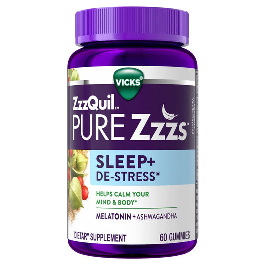 ZzzQuil PURE Zzzs De-Stress Melatonin Gummies 2mg – Einschlafhilfe für Erwachsene mit Ashwagandha gegen Stress, 60 Gummis
