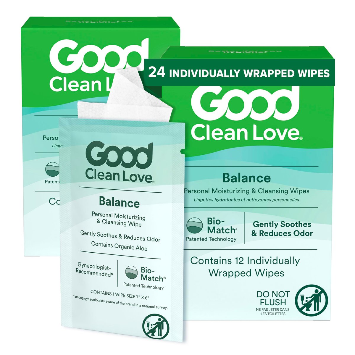 Good Clean Love Balance pH-ausgeglichene Damen-Feuchttücher – Unterstützt die vaginale Gesundheit auf natürliche Weise und reduziert Gerüche – Nicht reizende, feuchtigkeitsspendende & reinigende Hygieneartikel mit Bio-Aloe (24 Stück)