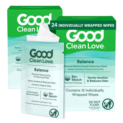 Good Clean Love Balance pH-ausgeglichene Damen-Feuchttücher – Unterstützt die vaginale Gesundheit auf natürliche Weise und reduziert Gerüche – Nicht reizende, feuchtigkeitsspendende & reinigende Hygieneartikel mit Bio-Aloe (24 Stück)