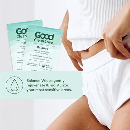 Good Clean Love Balance pH-ausgeglichene Damen-Feuchttücher – Unterstützt die vaginale Gesundheit auf natürliche Weise und reduziert Gerüche – Nicht reizende, feuchtigkeitsspendende & reinigende Hygieneartikel mit Bio-Aloe (24 Stück)
