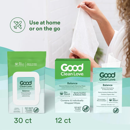 Good Clean Love Balance pH-ausgeglichene Damen-Feuchttücher – Unterstützt die vaginale Gesundheit auf natürliche Weise und reduziert Gerüche – Nicht reizende, feuchtigkeitsspendende & reinigende Hygieneartikel mit Bio-Aloe (24 Stück)