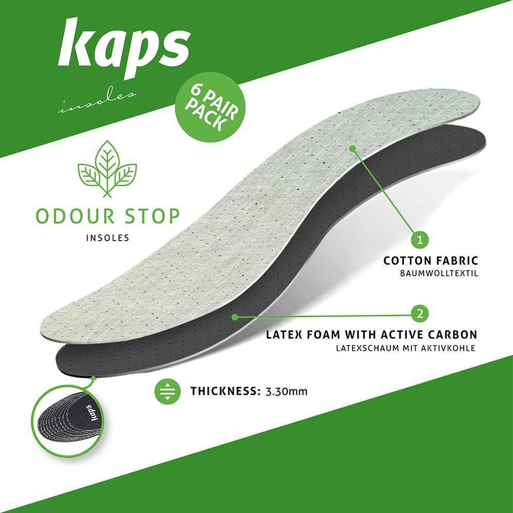 6 Paar Anti-Geruch Schuhsohlen Set mit geruchsabsorbierender Aktivkohle | Schuh Einlagen | Kaps Odour Stop | Zuschneidbar