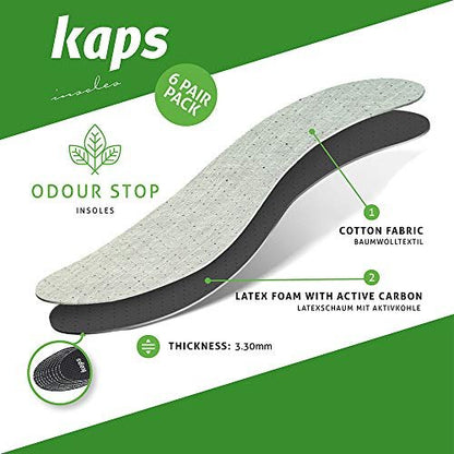 6 Paar Anti-Geruch Schuhsohlen Set mit geruchsabsorbierender Aktivkohle | Schuh Einlagen | Kaps Odour Stop | Zuschneidbar