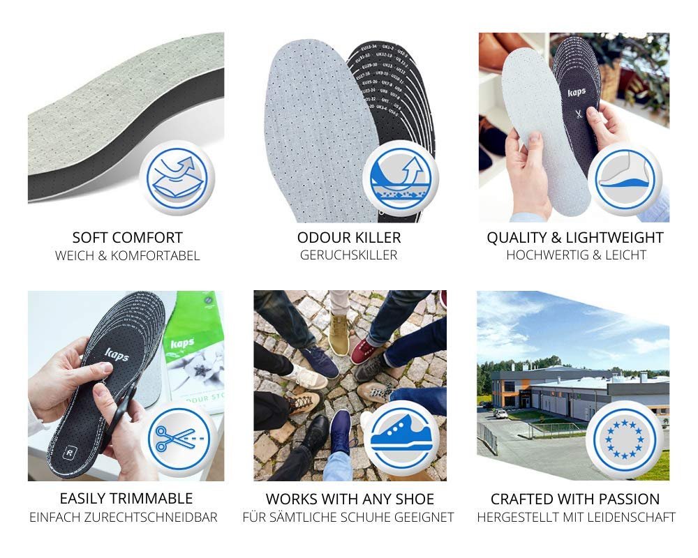 6 Paar Anti-Geruch Schuhsohlen Set mit geruchsabsorbierender Aktivkohle | Schuh Einlagen | Kaps Odour Stop | Zuschneidbar