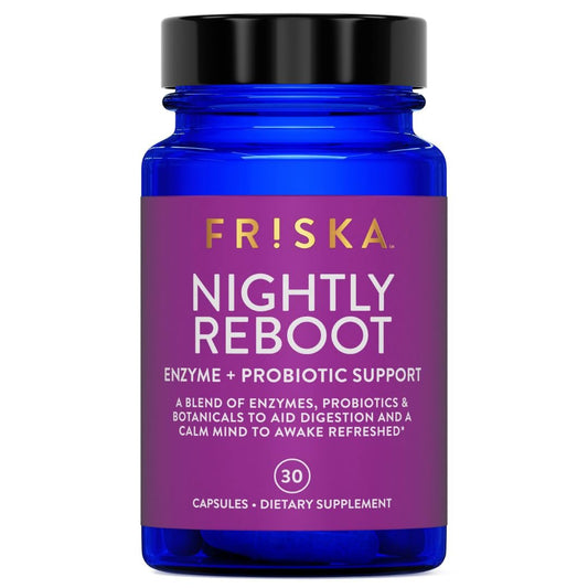 Friska Nightly Reboot - Nächtliche Verdauungsenzyme, Probiotikum für Darmbalance & Blähungen, mit Melatonin & Kamille zur Förderung von Entspannung & Schlaf, 30 Kapseln