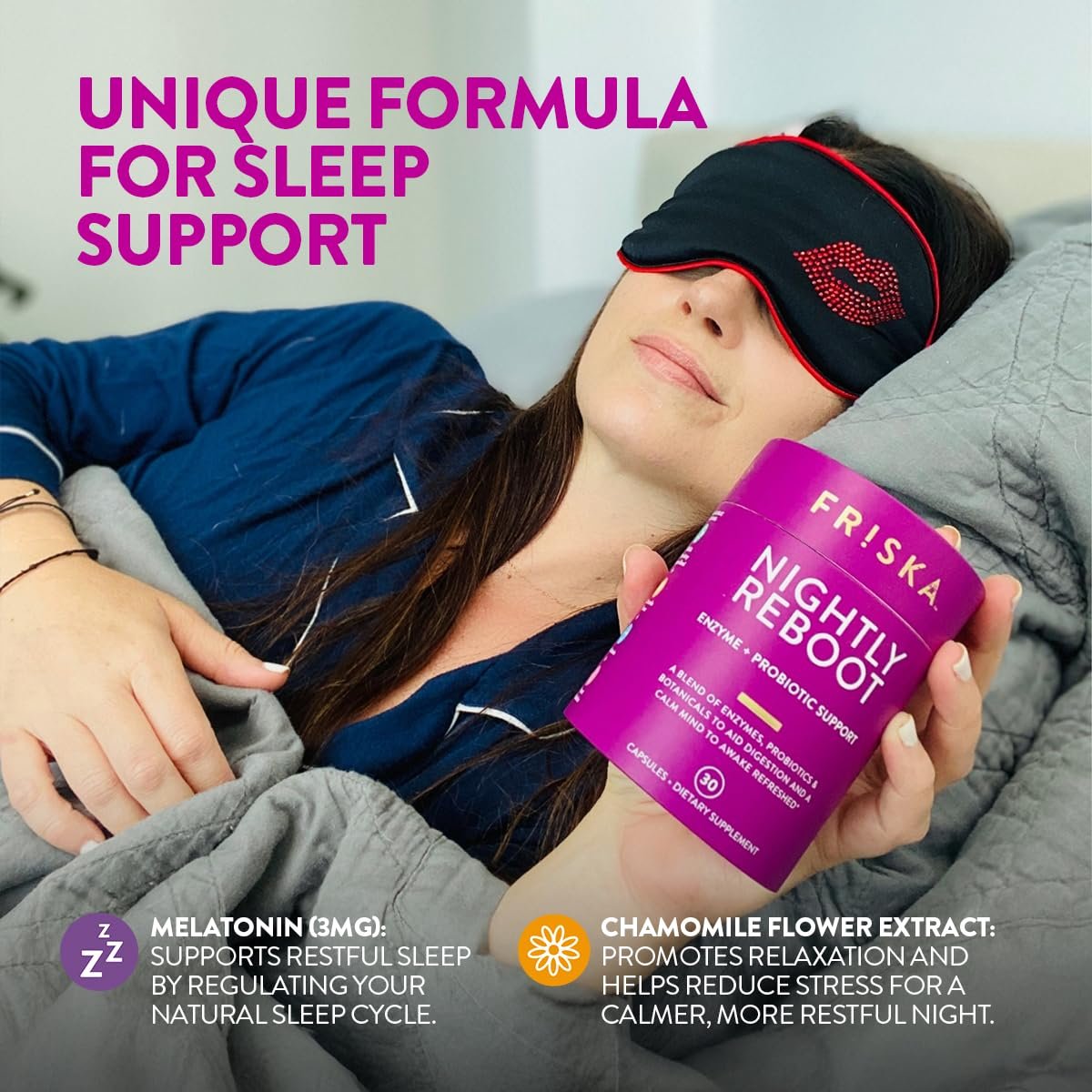 Friska Nightly Reboot - Nächtliche Verdauungsenzyme, Probiotikum für Darmbalance & Blähungen, mit Melatonin & Kamille zur Förderung von Entspannung & Schlaf, 30 Kapseln
