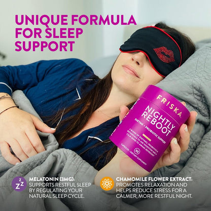 Friska Nightly Reboot - Nächtliche Verdauungsenzyme, Probiotikum für Darmbalance & Blähungen, mit Melatonin & Kamille zur Förderung von Entspannung & Schlaf, 30 Kapseln