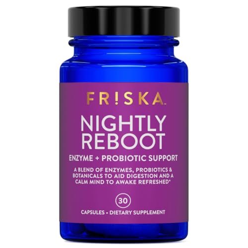 Friska Nightly Reboot - Nächtliche Verdauungsenzyme, Probiotikum für Darmbalance & Blähungen, mit Melatonin & Kamille zur Förderung von Entspannung & Schlaf, 30 Kapseln