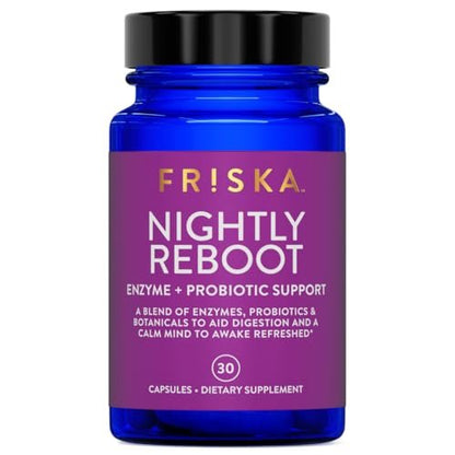 Friska Nightly Reboot - Nächtliche Verdauungsenzyme, Probiotikum für Darmbalance & Blähungen, mit Melatonin & Kamille zur Förderung von Entspannung & Schlaf, 30 Kapseln