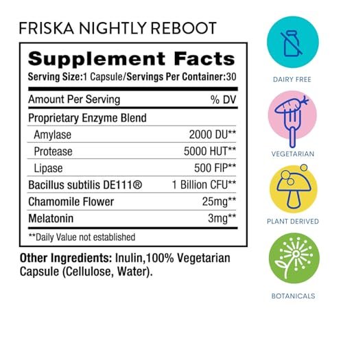 Friska Nightly Reboot - Nächtliche Verdauungsenzyme, Probiotikum für Darmbalance & Blähungen, mit Melatonin & Kamille zur Förderung von Entspannung & Schlaf, 30 Kapseln