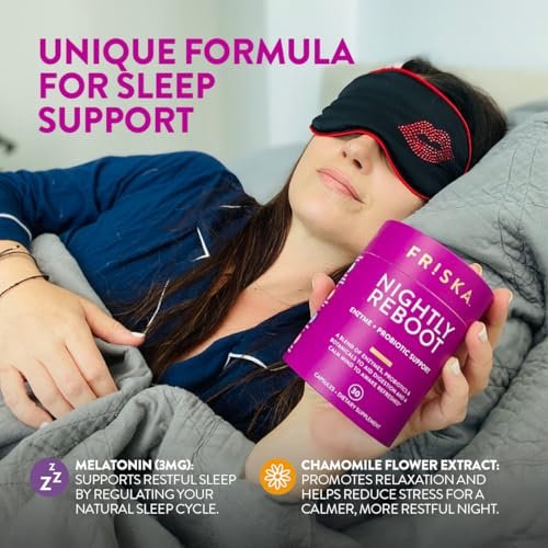 Friska Nightly Reboot - Nächtliche Verdauungsenzyme, Probiotikum für Darmbalance & Blähungen, mit Melatonin & Kamille zur Förderung von Entspannung & Schlaf, 30 Kapseln
