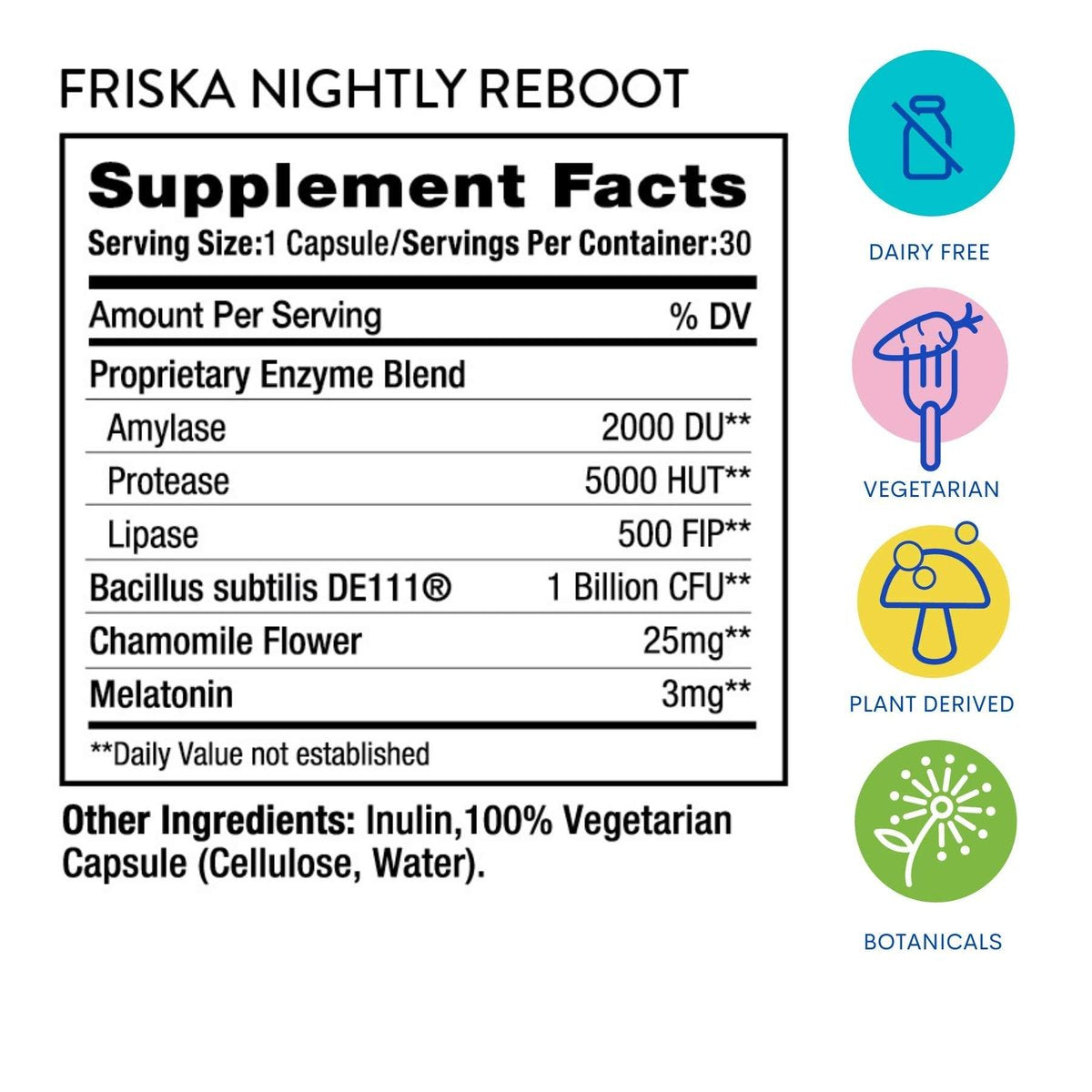 Friska Nightly Reboot - Nächtliche Verdauungsenzyme, Probiotikum für Darmbalance & Blähungen, mit Melatonin & Kamille zur Förderung von Entspannung & Schlaf, 30 Kapseln