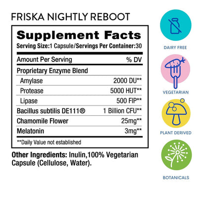 Friska Nightly Reboot - Nächtliche Verdauungsenzyme, Probiotikum für Darmbalance & Blähungen, mit Melatonin & Kamille zur Förderung von Entspannung & Schlaf, 30 Kapseln