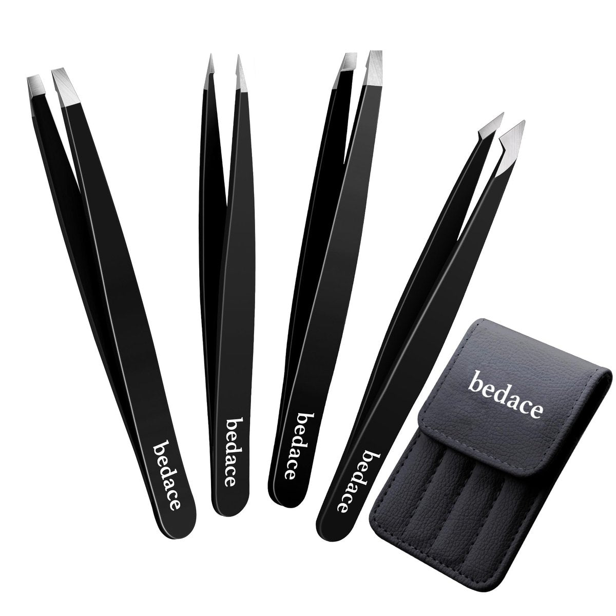 Bedace Pinzette-Set für Damen und Herren – Gesichtshaare, Augenbrauen, eingewachsene Haare – 4-teiliges Präzisionswerkzeug aus Edelstahl mit Ledertasche