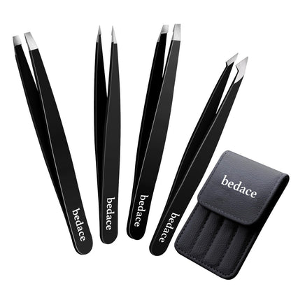 Bedace Pinzette-Set für Damen und Herren – Gesichtshaare, Augenbrauen, eingewachsene Haare – 4-teiliges Präzisionswerkzeug aus Edelstahl mit Ledertasche
