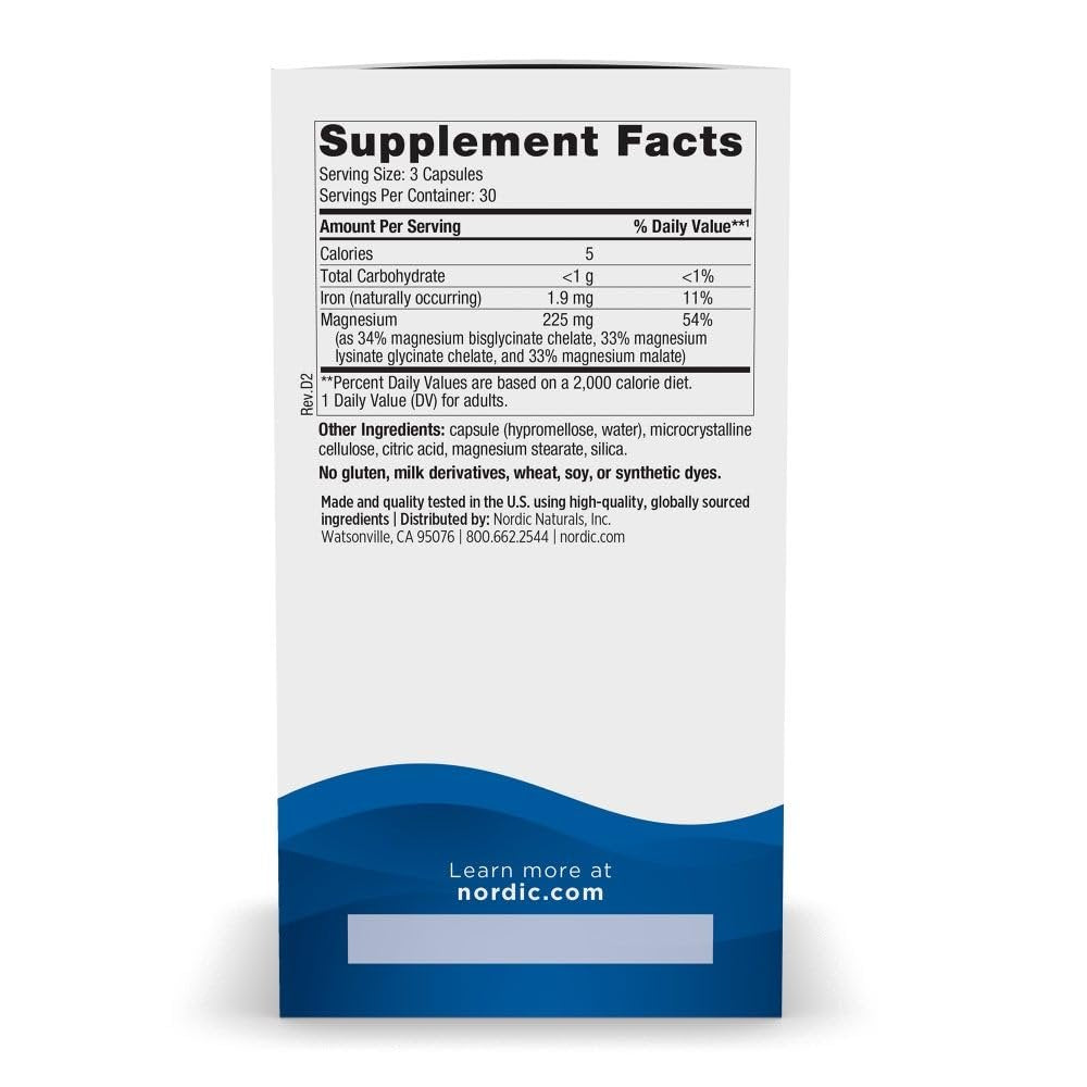 Nordic Naturals Magnesium Complex – 90 Kapseln – 225 mg Magnesium, 1,9 mg Eisen – für Gehirn- und Herzgesundheit, Stimmung, Energie & Muskelentspannung – Nicht-GVO, vegan – 30 Portionen