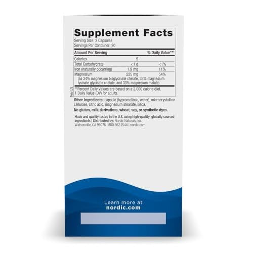 Nordic Naturals Magnesium Complex – 90 Kapseln – 225 mg Magnesium, 1,9 mg Eisen – für Gehirn- und Herzgesundheit, Stimmung, Energie & Muskelentspannung – Nicht-GVO, vegan – 30 Portionen