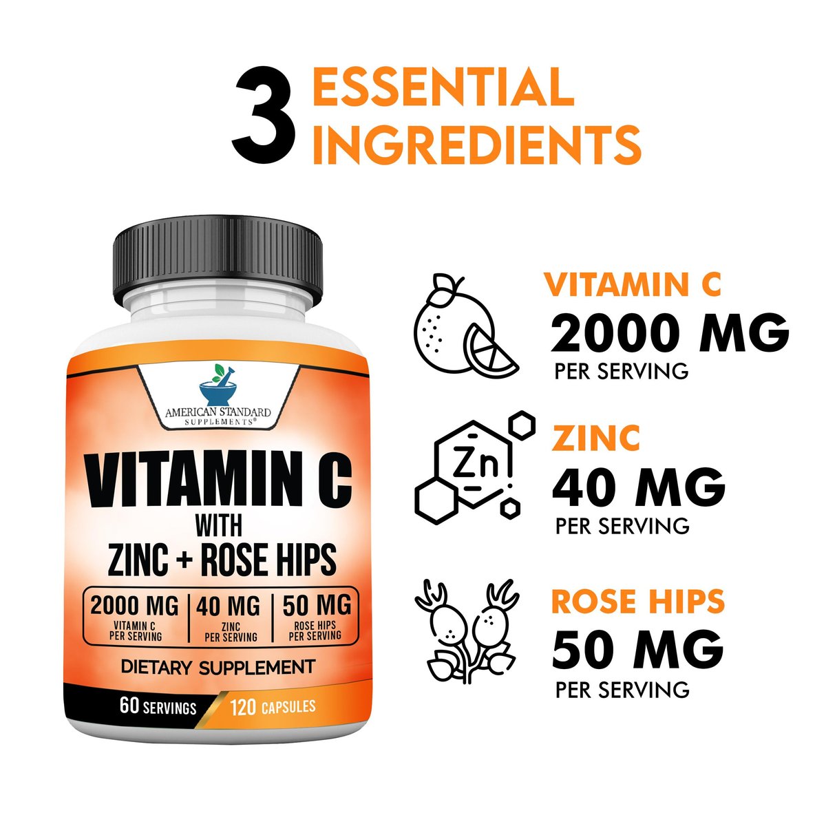 American Standard Supplements Vitamin C 2000 mg, Zink 40 mg und Hagebutte 50 mg pro Portion – Vegan, Glutenfrei, Nicht-GVO (120 Kapseln)