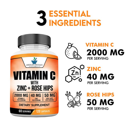 American Standard Supplements Vitamin C 2000 mg, Zink 40 mg und Hagebutte 50 mg pro Portion – Vegan, Glutenfrei, Nicht-GVO (120 Kapseln)