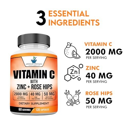 American Standard Supplements Vitamin C 2000 mg, Zink 40 mg und Hagebutte 50 mg pro Portion – Vegan, Glutenfrei, Nicht-GVO (120 Kapseln)