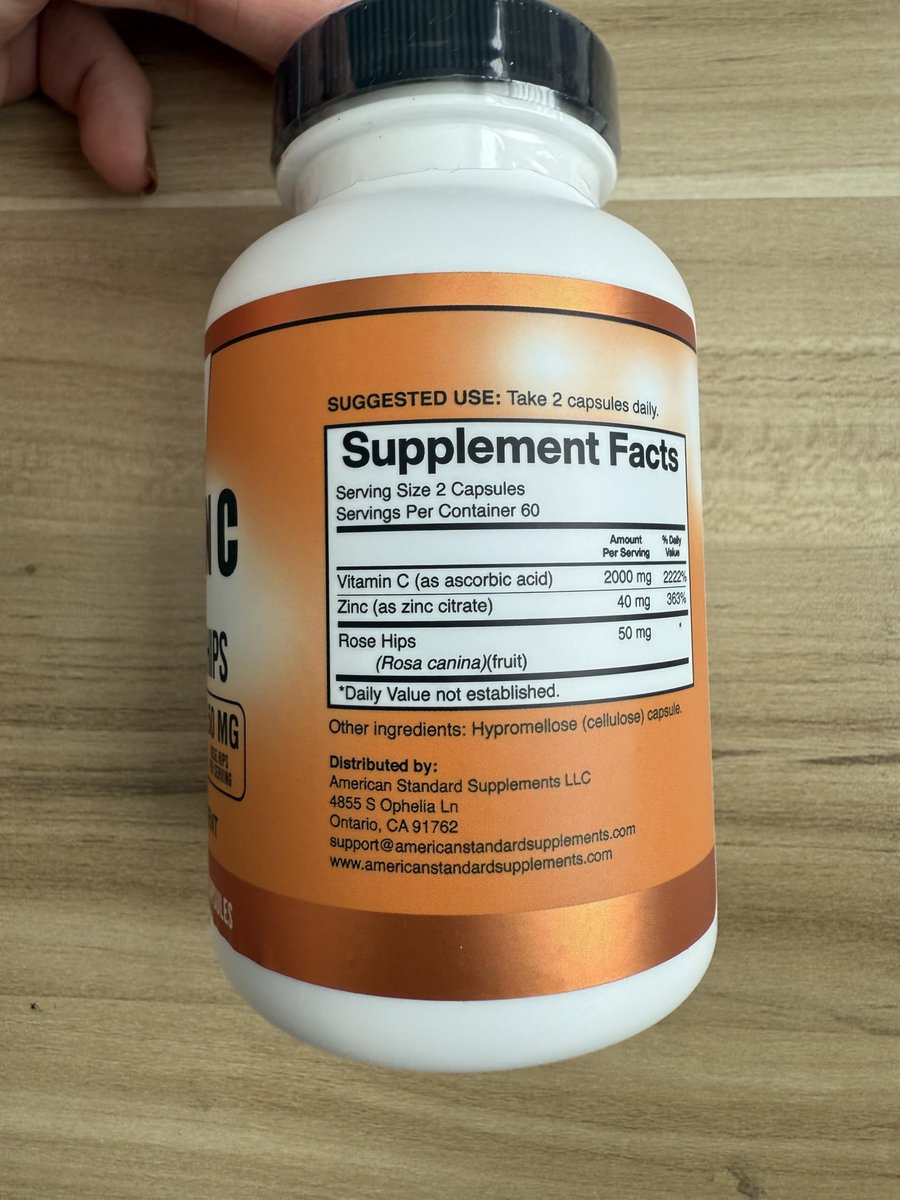 American Standard Supplements Vitamin C 2000 mg, Zink 40 mg und Hagebutte 50 mg pro Portion – Vegan, Glutenfrei, Nicht-GVO (120 Kapseln)
