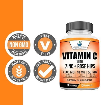 American Standard Supplements Vitamin C 2000 mg, Zink 40 mg und Hagebutte 50 mg pro Portion – Vegan, Glutenfrei, Nicht-GVO (120 Kapseln)