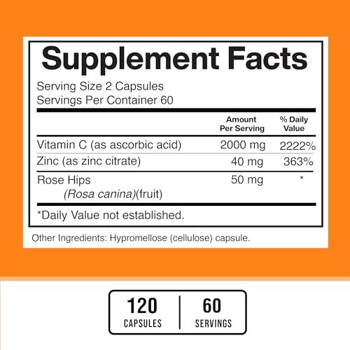 American Standard Supplements Vitamin C 2000 mg, Zink 40 mg und Hagebutte 50 mg pro Portion – Vegan, Glutenfrei, Nicht-GVO (120 Kapseln)