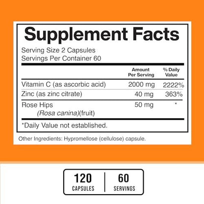 American Standard Supplements Vitamin C 2000 mg, Zink 40 mg und Hagebutte 50 mg pro Portion – Vegan, Glutenfrei, Nicht-GVO (120 Kapseln)